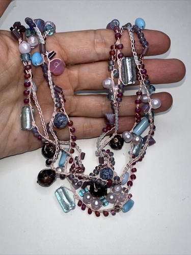 Multi Strand Thread Necklace Beaded Pearl Barrel Cupcake Pink Purple Aqua 16"