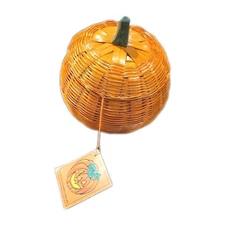 Vintage Pumpkin Wicker Basket W/ Lid Orange 5" Handmade Fall , Halloween 