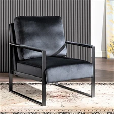 Classic Mid-Century Modern Black Velvet Accent Chair w/ Metal Frame