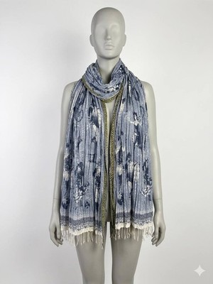 EPICE Paris Linen Cotton Scarf Shawl Blue Graphic Print Toile de Jouy Fringe