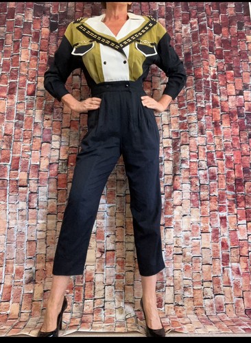 Vintage 80er Gr. 14 Lillie Rubin Military Gold Metall Jumpsuit Strampler schwarz grün - Bild 1 von 24