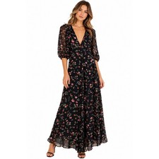 GANNI Floral Georgette Maxi Dress Black Sheer Puff Sleeve V Neck Womens Size 34