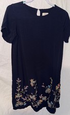 LOFT Outlet Small Navy Embroidered Floral Dress Short Sleeve Rayon