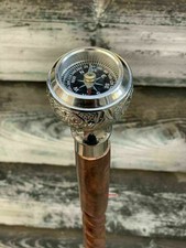 Walking Wooden Stick Cane Antique Design With Working Compass On Top Handle 36''