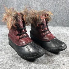 Sorel Boots Womens Size 7.5 Burgundy Black Faux Fur Duck Snow Winter NL2765-624