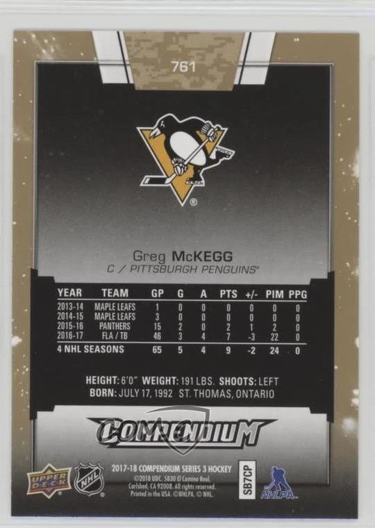 2017-18 Upper Deck Compendium Gold Greg McKegg #761 - Image 2 of 2