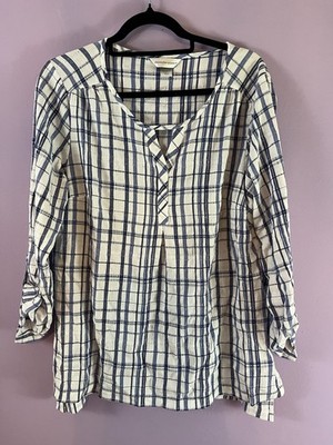 Christopher Banks Women s Size Large White Blue Plaid Blouse 3/4 Sleeve costal 