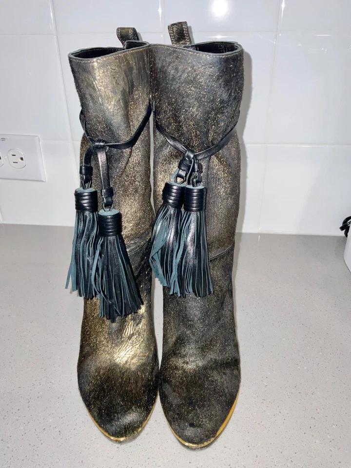 Botas de media pantorrilla LANVIN pelo de becerro negras y doradas talla 36,5 EU / 6,5 US Foto 3 de 4