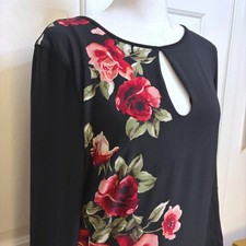 WHBM Romantic Chic Black Floral Print Keyhole Stretch Midi Dress L Bodycon Party