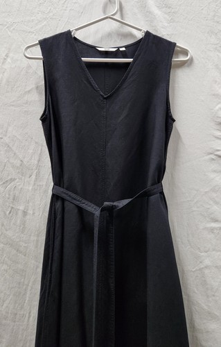 UNIQLO sz M 12 Black Linen Summer DRESS Midi A-line Waist Belt Tie Pockets #4 - Picture 5 of 11