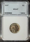 1937 Plain Buffalo Nickel In Gem BU MS in Graded Slab by NNC
