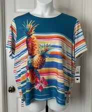 Alfred Dunner Colorful Stripe Pineapple Top Womens XL Bright Cruise Wear NWT