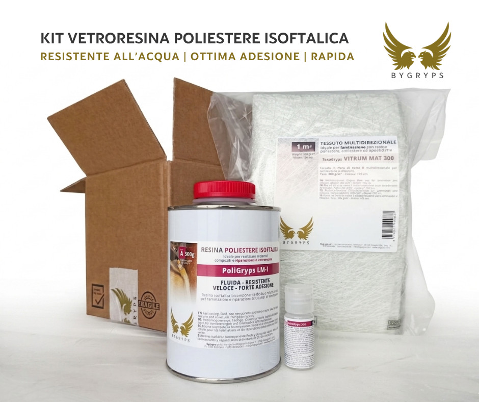 KIT RESINA POLIESTERE ISOFTALICA + FIBRA VETRO MAT 300 VETRORESINA BARCA CAMPER