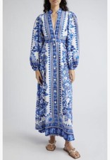 NWT $315 FARM Rio Flora Tapestry Long Sleeve Linen Blend White/Blue Shirtdress!