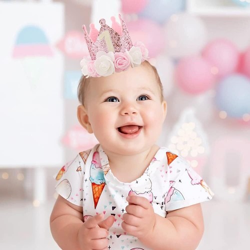 "Kbrand 1st Birthday Hat for Baby Girl – Rose Gold Pink Crown with Flowers" - Picture 5 of 11