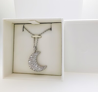 Swarovski Crescent Moon Necklace Silver Tone Pave Crystal Pendant