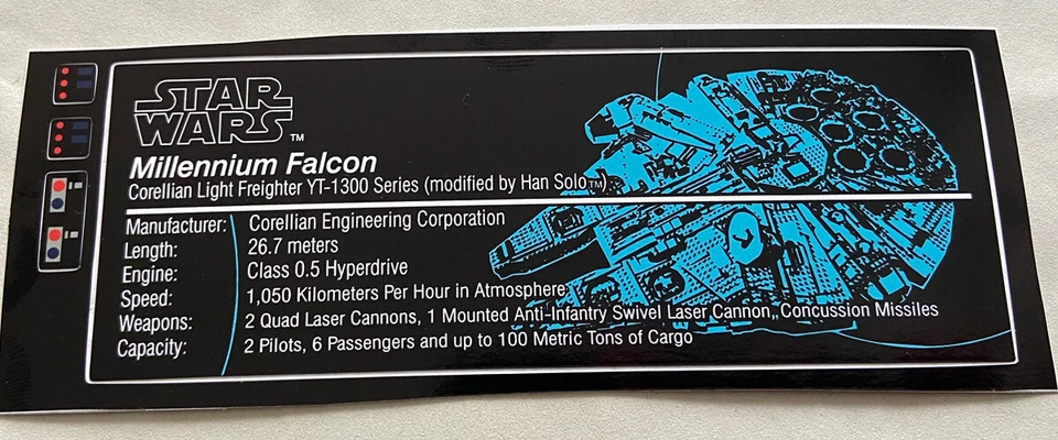 MARKENLOS Adesivo Lego Star Wars UCS per 10179 Millennium Falcon YT-1300 ricambio completo