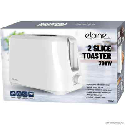 Elpine weiß 2 Scheiben Brot Toaster 6 Ebenen Bräunungssteuerung mit Krümelschublade 700 W