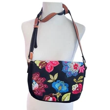 Desigual Floral Embroidered Crossbody Bag Adjustable Strap Black7x9x3" READ