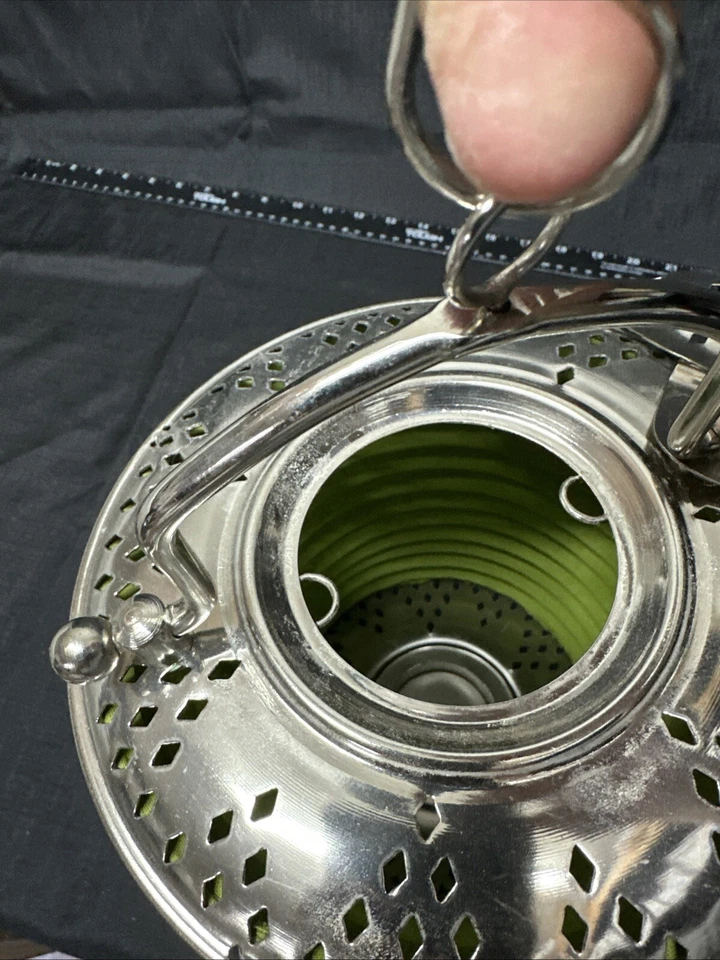 Linterna de vela plegable vintage India de lona verde cobre Concertina D122 Foto 3 de 4