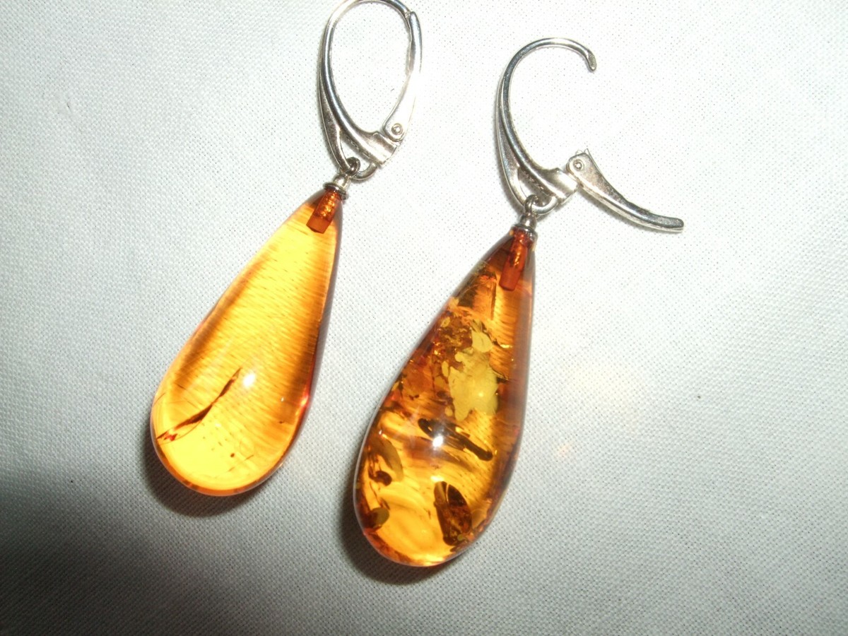 925 Argento Sterling & Vera Ambra Baltica Moderno Goccia Orecchini - GL1