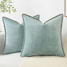 Chenille Throw Pillow Covers 18x18 Set of 2, Aqua Haze Velvet Decorative Farmhou