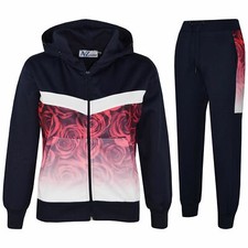 Kids Boys Girls Tracksuit Roses Fade Two Tone Navy Hooded Top Bottom Joggingsuit