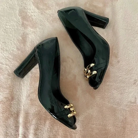 Zapatos de salón [Ann Taylor] Peep Toe charol negro talla 6 Foto 3 de 4