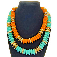 Boho Wood Disc Bead Statement Necklace Set of 2 Orange Turquoise Color Gold Tone