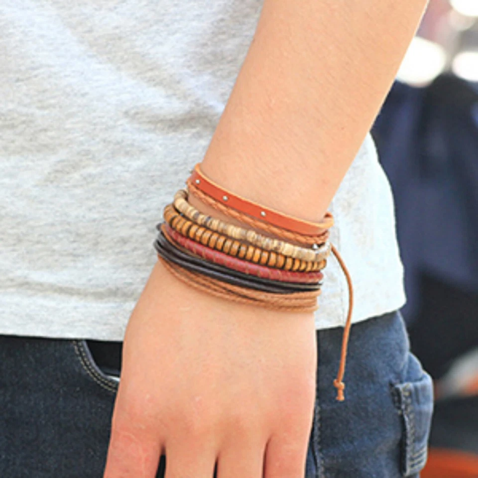 Pulseras apilables multihilo, cuentas de madera cuerda de cáñamo coco conjunto de 5 hilos Foto 4 de 4