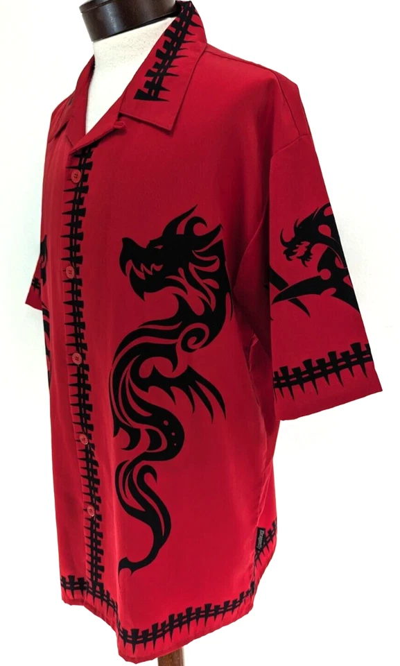 Vtg Y2K DRAGONFLY Roadhouse Men's XL Shirt Red Black Dragon/Spine Button EUC! * - Image 3 of 4