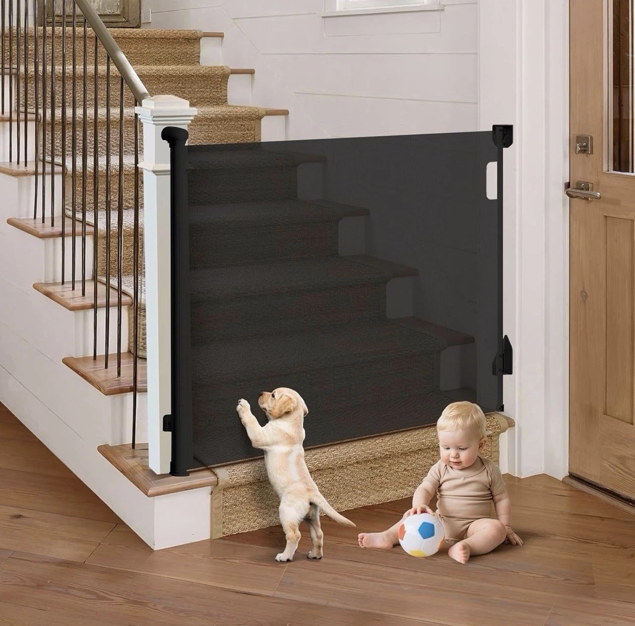 38”x55” Retractable Baby/Pet Mesh Gate Easy To Fit One-Hand Operated Black