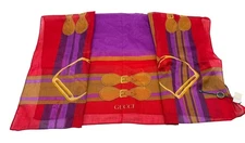 Vintage Gucci 100% Cotton Scarf Equestrian Stirrup Italy 26x26 Red Purple Gold