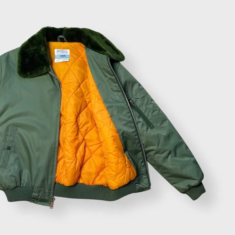 Chaqueta Bombardero De Colección Años 80 Sears Trabajo Ocio Satén, Cuello de Piel de Vuelo Oliva Japón L Foto 3 de 4