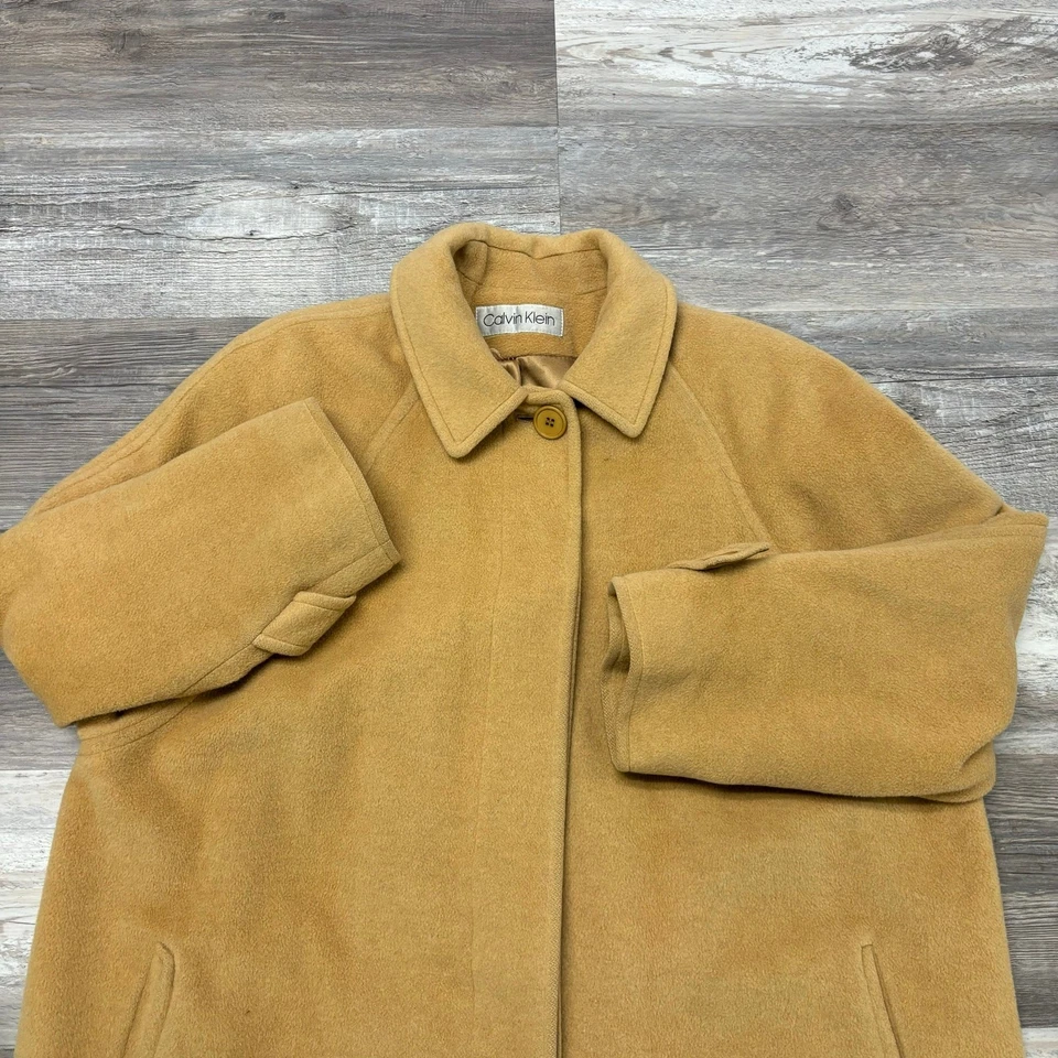 Vintage 80s Calvin Klein Tan Womens 10 Wool Long Trench Coat USA Union Made - Image 2 of 4