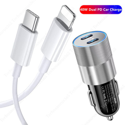 Dual Type C PD Fast 40W Car Charger Adapter Cable For iPhone 14 13 12 11 Pro Max