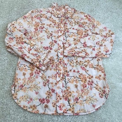 J Crew Classic Fit Ruffle Neck Cherry Blossom Shirt Womens Small NEW