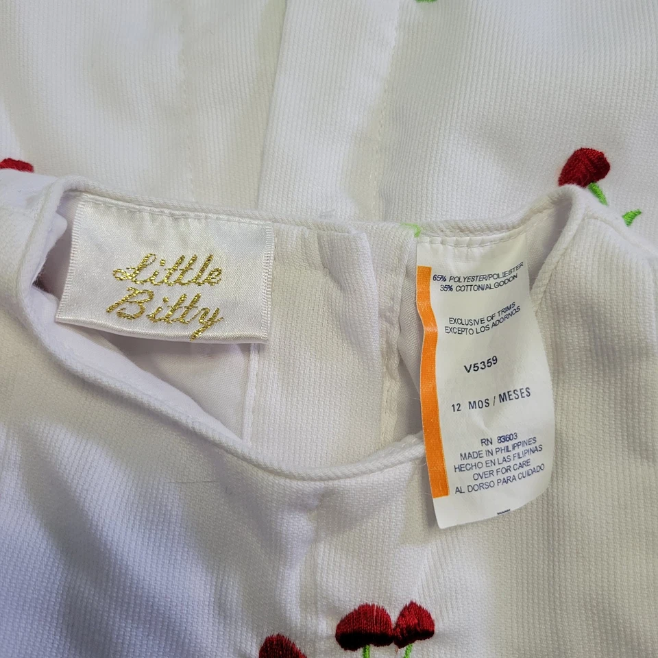 Vestido Vintage Little Bitty Bebé Niña Blanco Cereza Bordado con Sombrero 12 Meses Foto 3 de 4