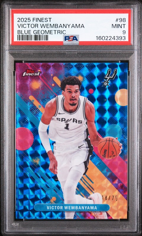 4393 Victor Wembanyama 2025 Topps Finest #98 Blue Geometric Refractor /75 PSA 9