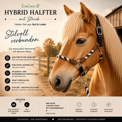 EcoLine Pferdehalfter Set Schwarz Weiß mit Strick 3 m   Hybrid Halfter mit Leder