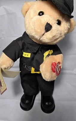 VintagePlush Police Officer Teddy Bear with Sound Button Black Uniform Beige Fur - Image 1 of 4