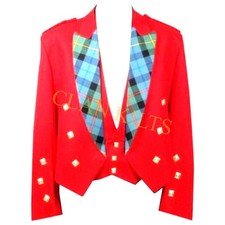 Scottish Handmade Red Prince Charlie Jacket and WaistCoat with Tartan Lapel