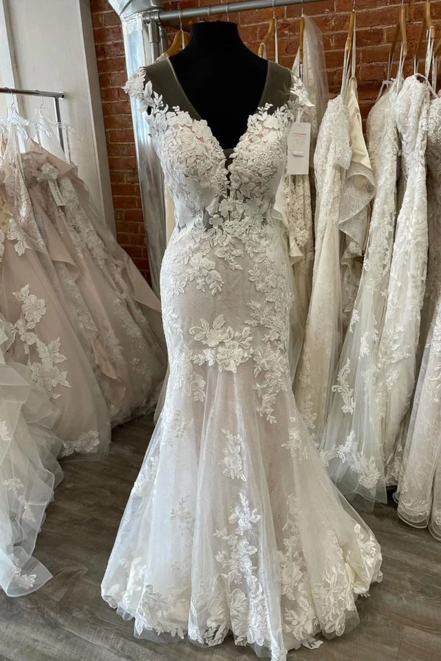 Lindos vestidos de noiva sereia gola V profunda apliques de renda vestidos de tule - Imagem 3 de 4