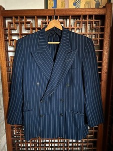 Vintage 1940s Pinstripe Double Breasted Suit Jacket WWII Blazer Sport Coat 40-42