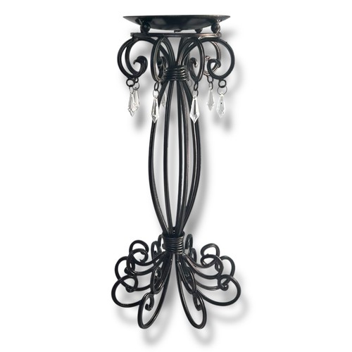 Ornate Black Metal Pillar Candle Holder 15” VTG Teardrop Prisms Scroll Design