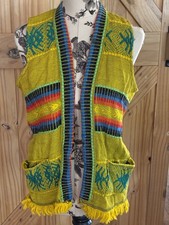 Boho Woven Open Front Vest Yellow Multicolor Fringe Pockets Artisan Unbranded