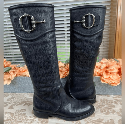 Gucci Black Leather Techno Horsebit Riding Boots Size 35.5