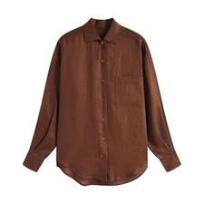 Women's Spring Cotton Linen Shirt Fashion Coffee Color Blouse Long Sleeve Coats