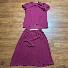 Vtg Maroon 2 Piece Skirt Set Flower Pin Ruffled Top Bottom Sz 13 USA 80s Outfit