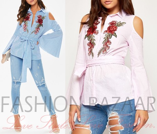 Mujer Corte Campana Mangas Bordado Camisa Botón Atado a la Top | eBay